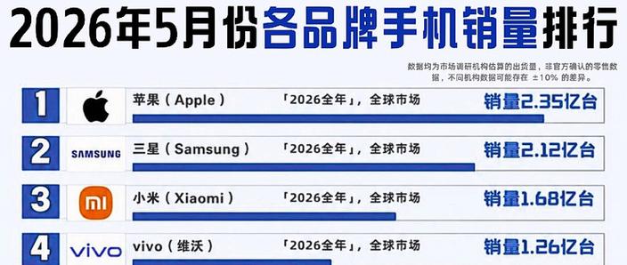 2026年手机销量排行榜前十名