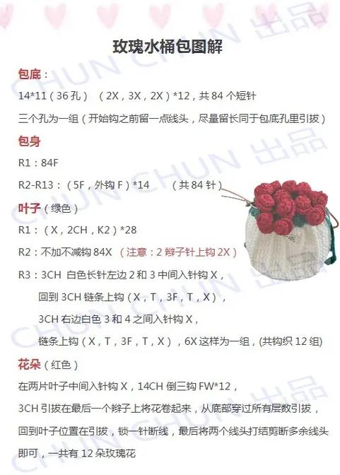 钩针玫瑰花包包图解