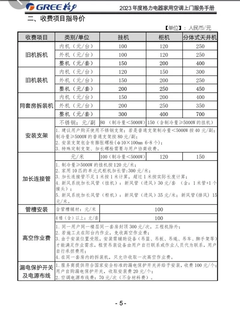 格力空调售后维修收费表图标